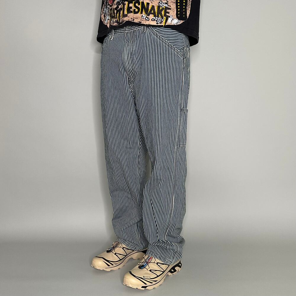 Vintage 90s Levis Striped Carpenter Pants 34x32 Baggy Wide Leg Blue White - Picture 3 of 6